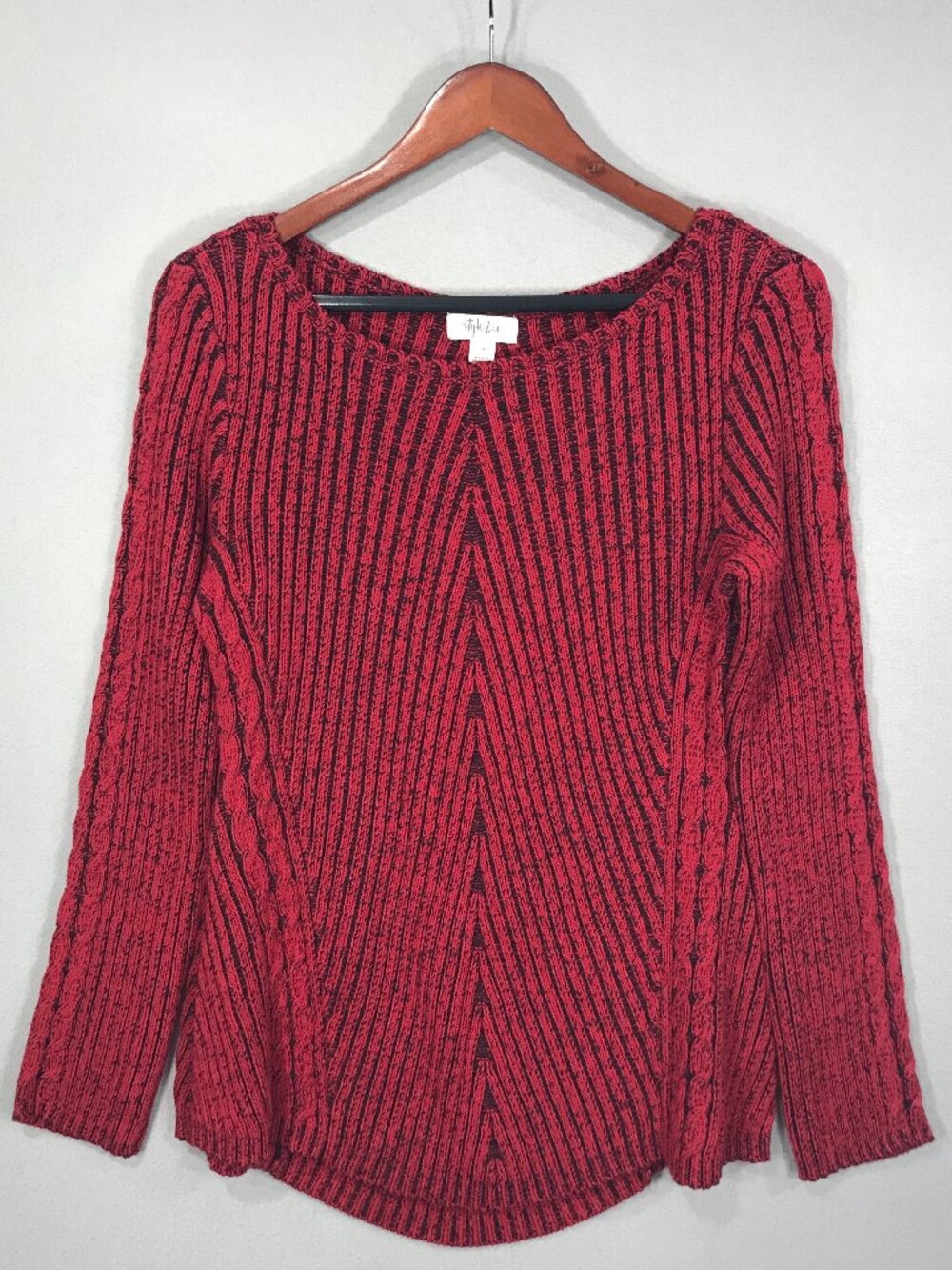 Style & Co Sweater Women's Medium Red Black Knit Textured Pullover Boat Flare LS